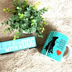 Dog Lover Pet Bundle Blue Polka Dot Mug & Life Is Better With A Dog Block Sign